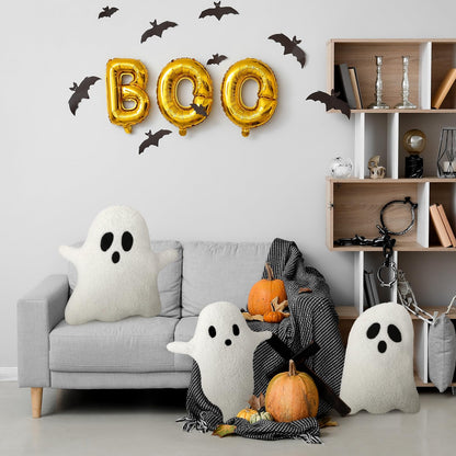 Soaoo 3 Pcs Halloween Pillows 12.6'' x 9.45'' Decorative Spooky Pillows for Sofa White Throw Pillows Decorative Plush Sofa Ghost Cushion for Indoors Home Outdoor Couch Kids