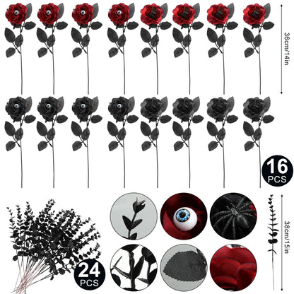 Hotop 40 Pcs Halloween Flowers with Eyeball and Spider, Fake Bouquet Bloody Black Roses Artificial Flowers with Black Eucalyptus Stems for Halloween Vase Arrangements Table Decorations