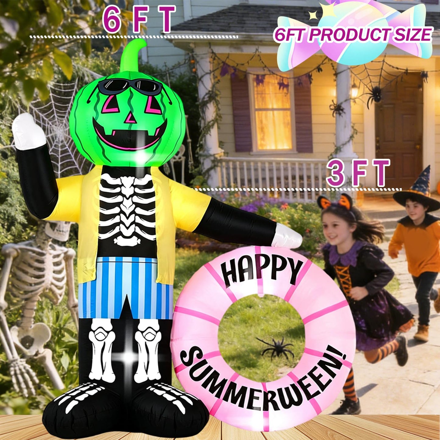 HZGDEJTG 6FT White Ghost Zombie Holding Flower Wreath Outdoor Inflatable Decoration, with Built-in LED Light, Suitable for Halloween Parties, Indoor and Outdoor Lawns, and Party Venues.