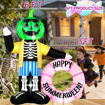HZGDEJTG 6FT White Ghost Zombie Holding Flower Wreath Outdoor Inflatable Decoration, with Built-in LED Light, Suitable for Halloween Parties, Indoor and Outdoor Lawns, and Party Venues.