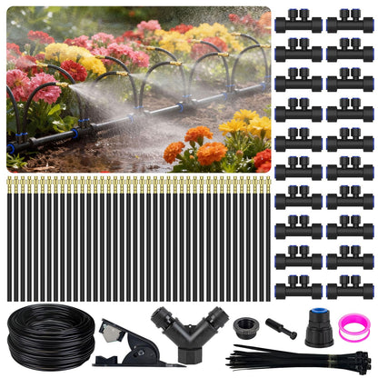 Drip Irrigation System 2 Ports - 360°Adjustable Garden Watering System 66FT with 40 Nozzles, Drip Irrigation Kit for Garden, Yard, Lawn, Greenhouse, Plants, 2/5 inch Hose