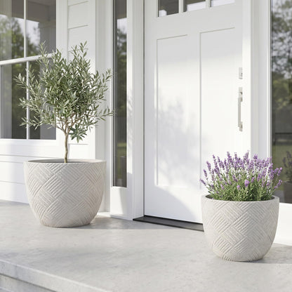 Set of 2 Large Oxide Magnesium Concrete Planters (15" & 18") - Round Grey Rustic Flower Pots with Drainage Holes, Handcrafted Outdoor Indoor Plant Containers for Patio, Front Porch, Garden Decor
