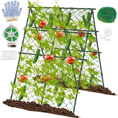 STFALI 63"H x 47"L Cucumber Trellis for Raised Bed, Adjustable Garden Trellis for Climbing Plants Outdoor with Climbing Net and Plant Support Clip, A-Frame Trellis for Vegetable, Cucumbers, Tomatoes