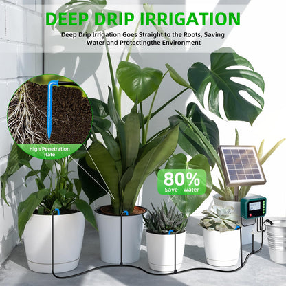 Solar Automatic Drip Irrigation Kit System,Automatic Plant Watering Devices Programmable Water Timer,LED Display for 15 Potted Plants Outdoor Indoor Garden Balcony Vacation