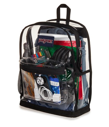 JanSport Clear Pack – 25.5L Transparent Backpack, Large Main Compartment, Side Water Bottle Pocket, Front Zippered Pocket, Mesh Bottom Panel, Clear