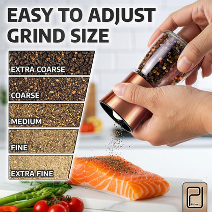 Premium Salt and Pepper Grinder Set w/Bamboo Holder - 6 oz, Copper Stainless Steel - S&P Spice Shakers - Refillable & Adjustable Coarseness Hand Mill for Spices & Seasonings - by PJC-Kitchen