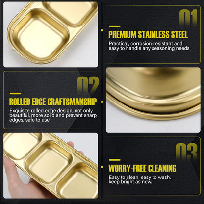 LCJAOF 3Pcs Stainless Steel Dipping Bowls-3 Compartment Appetizer Serving Tray, Soy Sauce Dish for Condiments, BBQ Sauce, and Seasoning, Dishwasher Safe, Gold