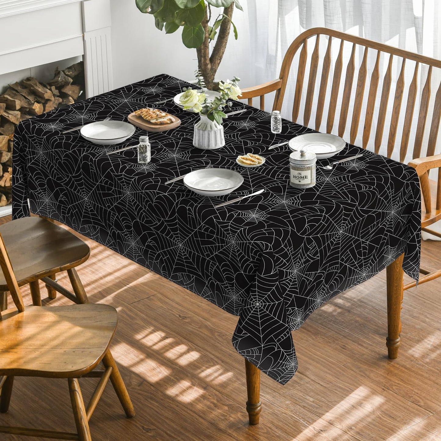 Horaldaily Halloween Tablecloth 52x70 Inch Rectangular, Cobweb Black Washable Table Cover for Party Picnic Dinner Decor