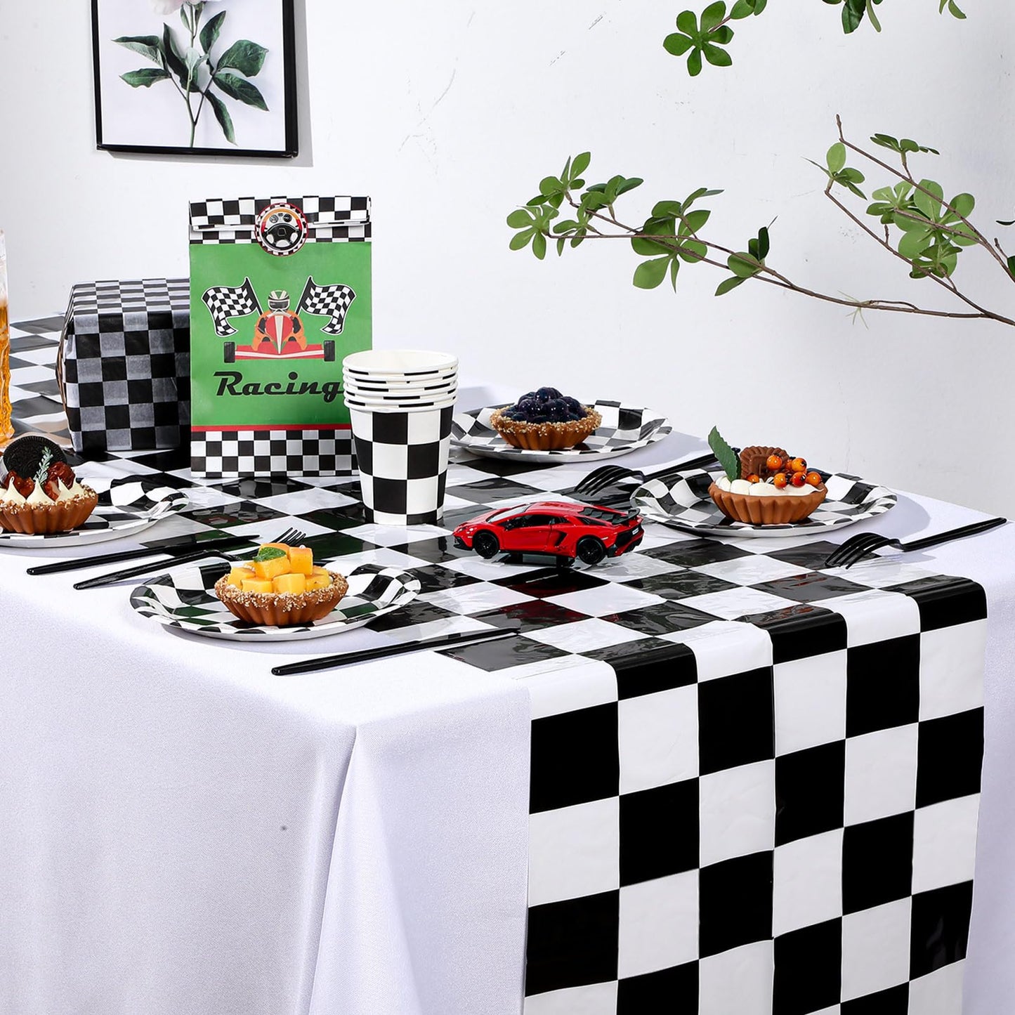 Preboun 12 Pcs Plastic Checkered Table Runner 14 x 108 Inch Racetrack Road Table Runner for Two Fast Car Theme Birthday Racing Party Decor Events Supplies (Black White Checkered)