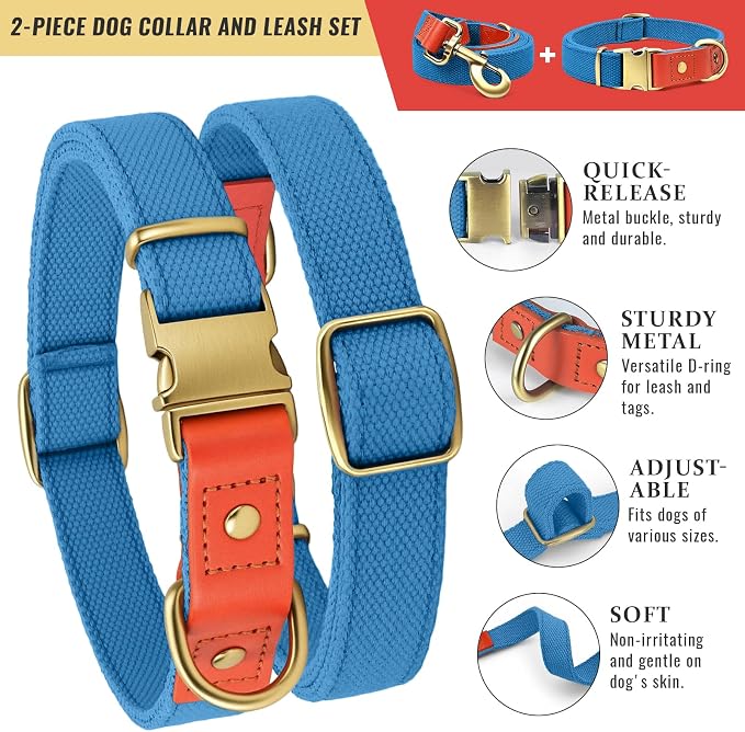 Dog Collar and Leash Set with Metal Quick Release Buckle, Adjustable, Breathable Nylon, Durable, Soft and Comfortable, No Pull for Walking and Training, Blue, XL (16.9"-26")