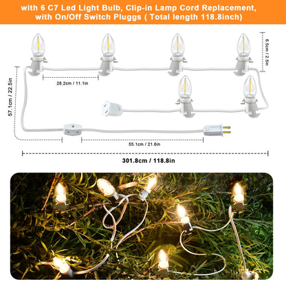Wltotuay C7 LED Light Bulb Cord Clip Lights, 12 Bulbs, Brass, White, Model 6LED for Christmas and Party Decorations