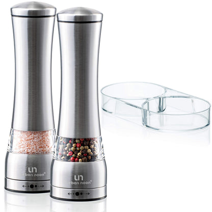 Salt and Pepper Grinder Set - Large Capacity Stainless Steel Pepper Grinder and Salt Grinder with Tray in Luxurious Gift-Box - Manual Mills with Ceramic Grinders and Adjustable Coarseness (Set of 2)