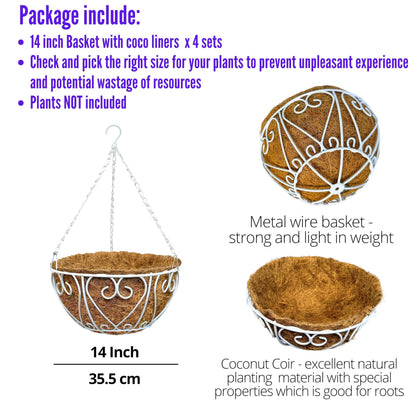 LaLaGreen Hanging Baskets for Plants (4 Pack, 14 Inch) Hanging Flower Pots with Coco Liner, White Metal Wire Round Basket Plant Holder with Hanger Hook Chain Outdoor Deck Patio Balcony Garden Decor