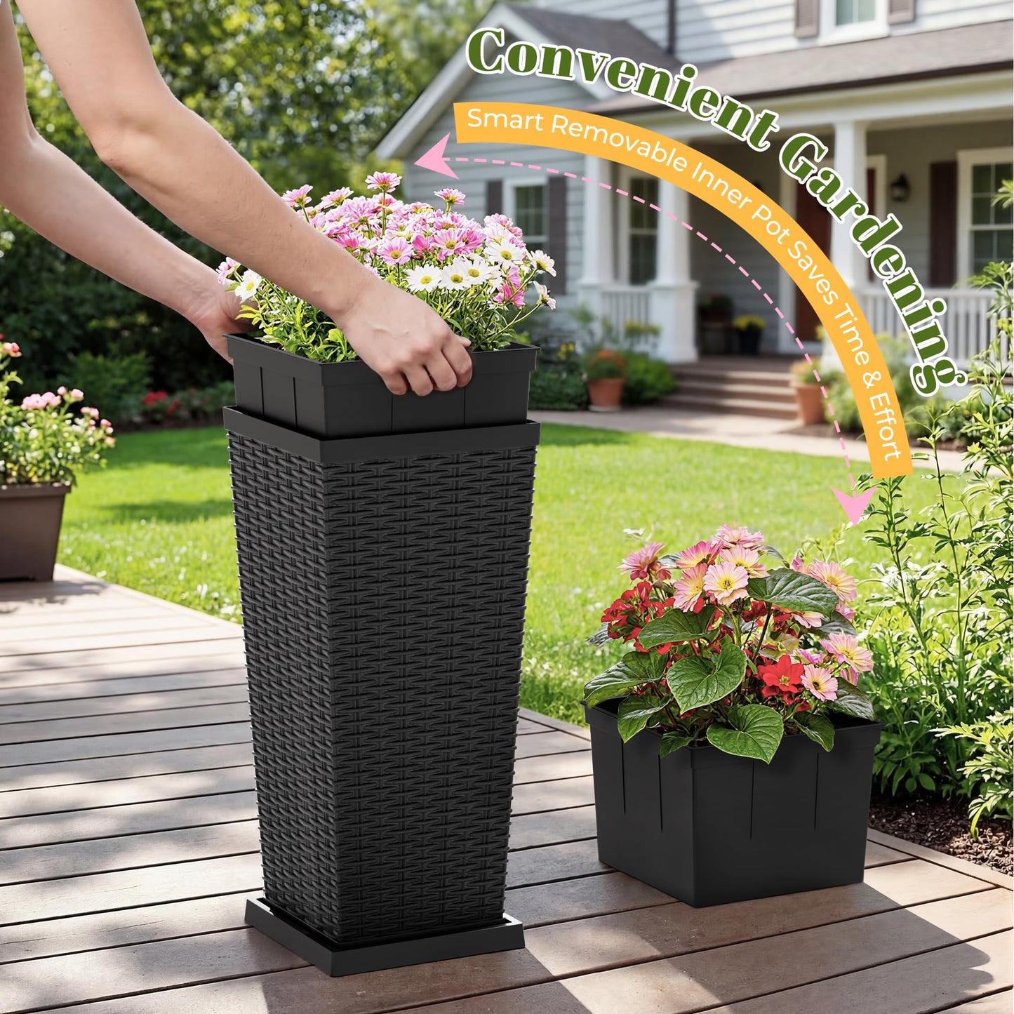 JUMMICO Set of 2 Resin Widened Tapered Planters, Rattan Texture Planters with Drainage Holes and Trays, Outdoor Flowers Pots for Plants, Porch & Patio Decor (Black, 24'' H, Inner & Outer Trays)
