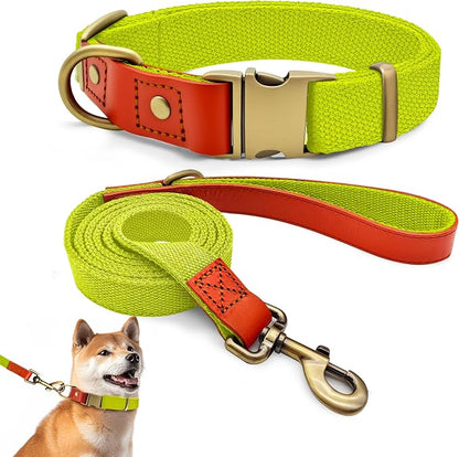 Dog Collar and Leash Set with Metal Quick Release Buckle, Adjustable, Breathable Nylon, Durable, Soft and Comfortable, No Pull for Walking and Training, Fluorescent Yellow, L (14.9"-22.8")