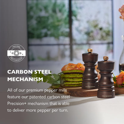 Cole & Mason London Refillable Spice Mill - Kitchen & Home Accessory - Table Black Pepper Grinder - Pepper Mill with Carbon Steel Mechanism - 5", Chocolate Wood
