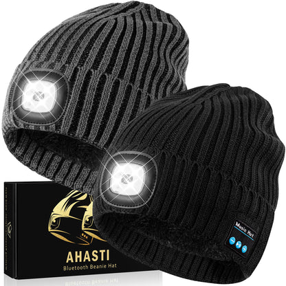 AHASTI 2 Pack Bluetooth Beanie Hat with Light for Men, Rechargeable LED Beanie with Light, Headlamp Cap Wireless Headphones, Christmas Gifts for Teens Stocking Stuffers for Men Dad（Black&Gray）