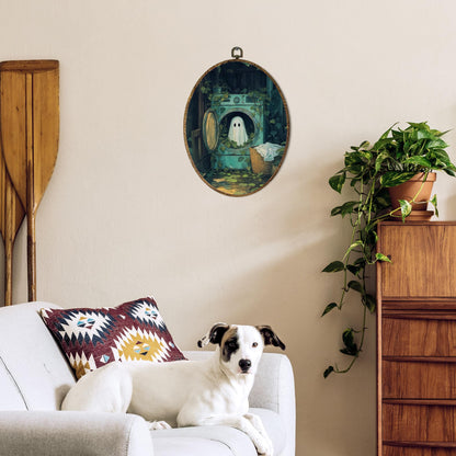 OINDADE Halloween Ghost Oval Wall Art Decor, Laundry Room Cute Ghost Wall Art Hanging Decor, Halloween Fall Season Funny Spooky Washing Machine Framed Canvas Artwork for Laundry Room Home, 8.8x11.5in