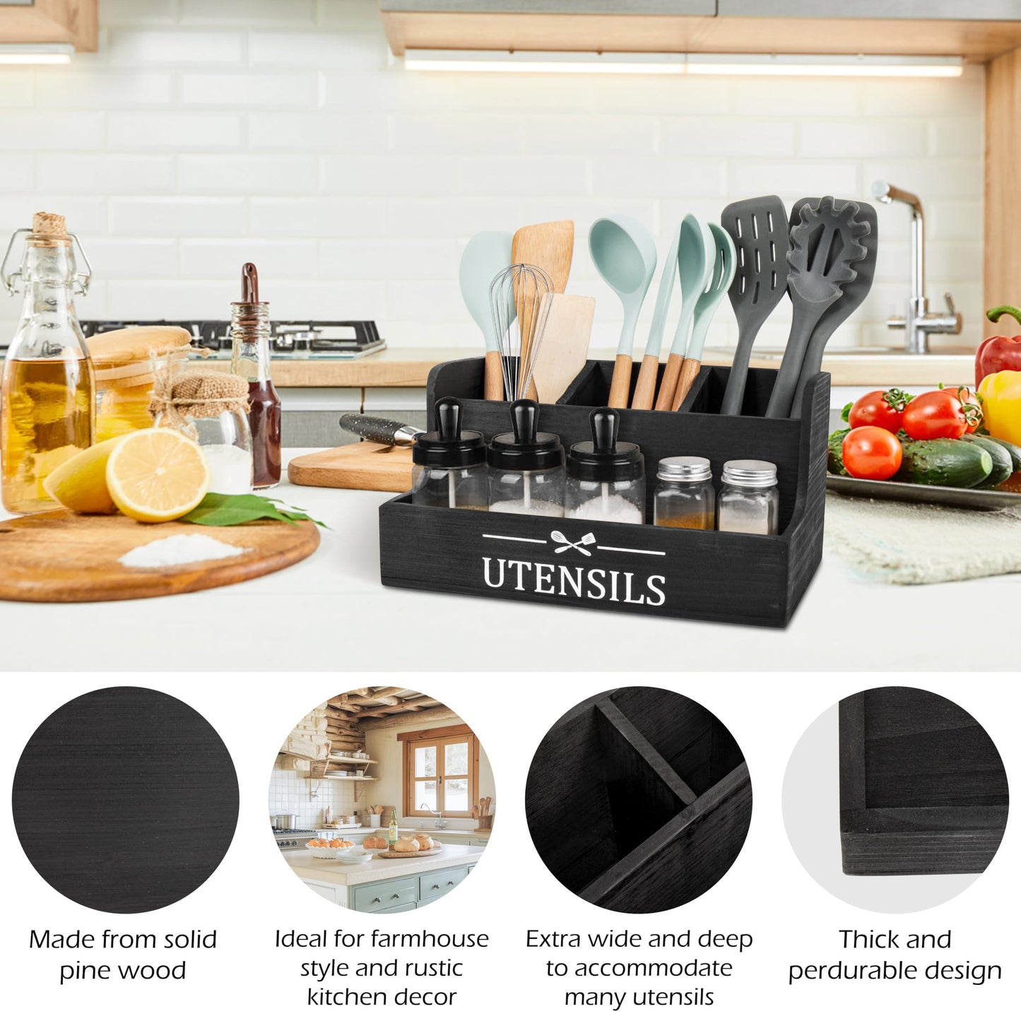 SHAXIXI Wooden Kitchen Utensil Holder, Farmhouse Country Style Kitchen Countertop Organizer, Selected Tung Wood, 11.4 X 6.1 X 5.8 Inches
