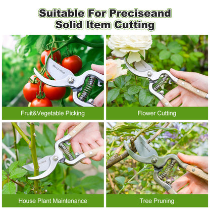 Berry&Bird 8'' Bypass Pruning Shears with Wooden Handle, Curved Blade Garden Hand Pruner, Stainless Steel Scissors Ultra Sharp Clippers for Gardening Trimming Cutting Bonsai Plant Flower & Picking