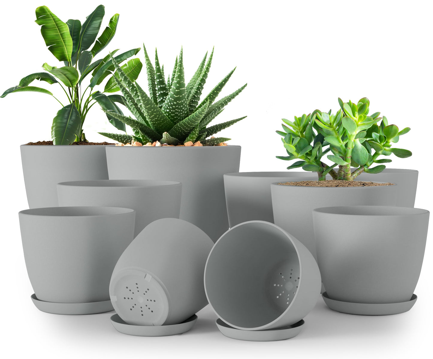 Utopia Home - Plant Pots Indoor with Drainage - 7/6.6/6/5.3/4.8 Inches Home Decor Flower Pots - Pack of 10 Plastic Planters for Indoor Plants, Cactus, Succulents Pot - Grey