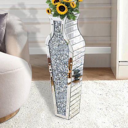 GA Home 27" Tall Crushed Diamond Floor Vase, Silver Large Vases for Decor Living Room, Crystal Mirrored Home Decor Vases for Dried Flower