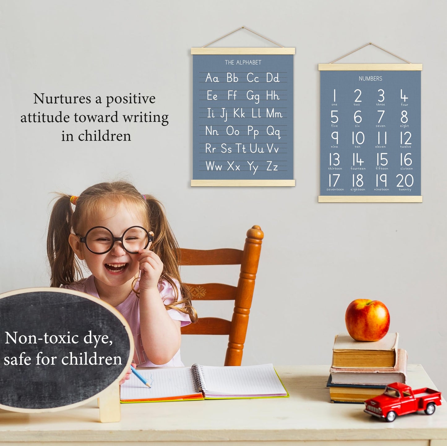 Numbers Alphabet Poster for Toddlers,Educational Wall Chart for Nursery Kids Learning, Homeschool & Playroom Decor and Bedroom for Wooden Hanger Frame Set of 2, 12x18 Inch - A03