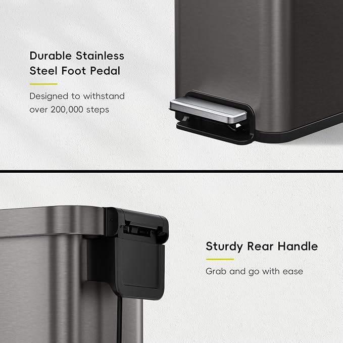 EKO Hudson Slim Trash Can with Lid, 13 Gal Stainless Steel, Gunmetal Gray | Kitchen, step pedal, soft close lid, stay-open frame, secure liner ring, rear handle