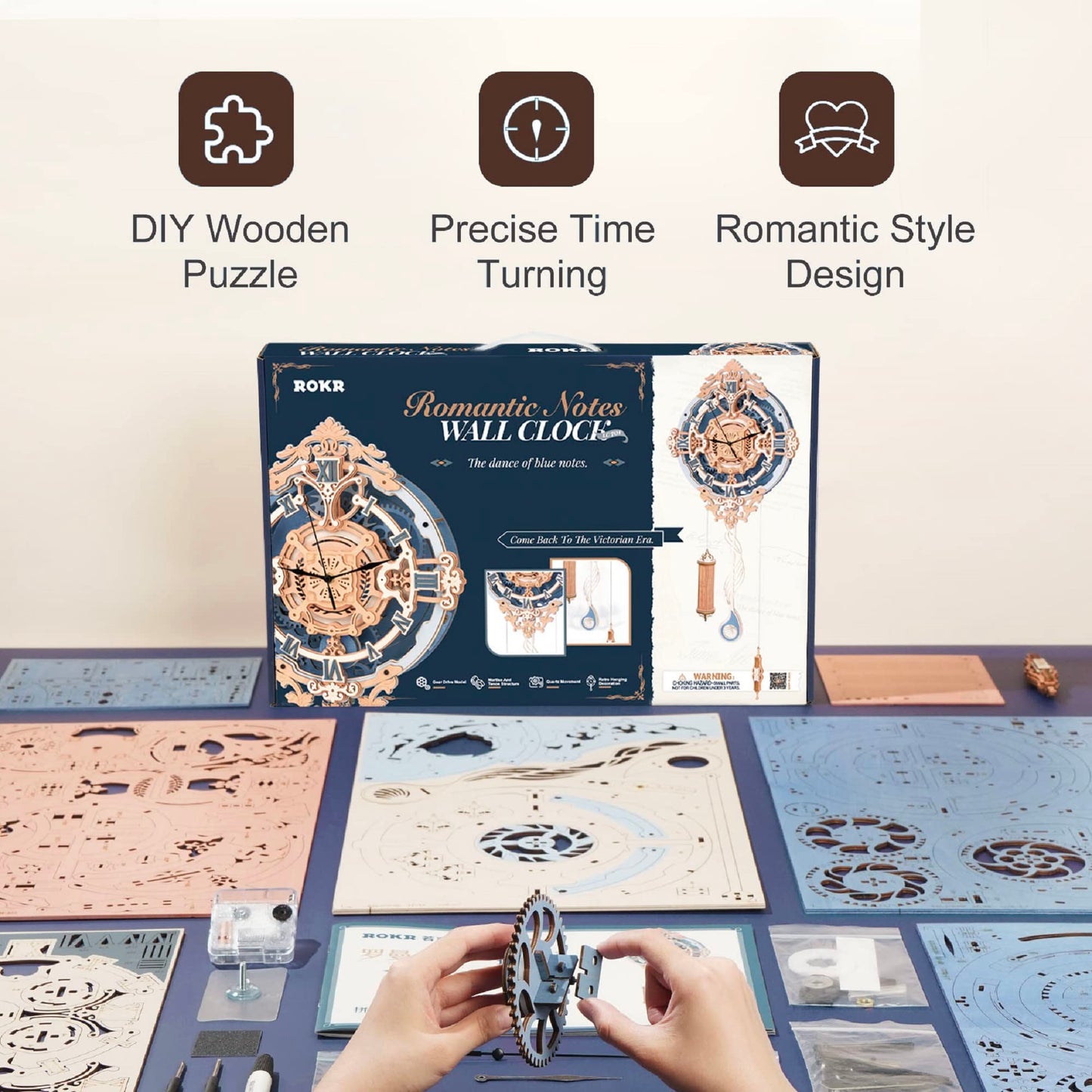 ROKR 3D Wooden Puzzles for Adults, Wooden Puzzle Clock, Mechanical Building Model Kits, DIY Model Kits Brain Teaser Puzzles, Crafts/Hobbies/Gifts for Teens (Romantic Notes Clock)