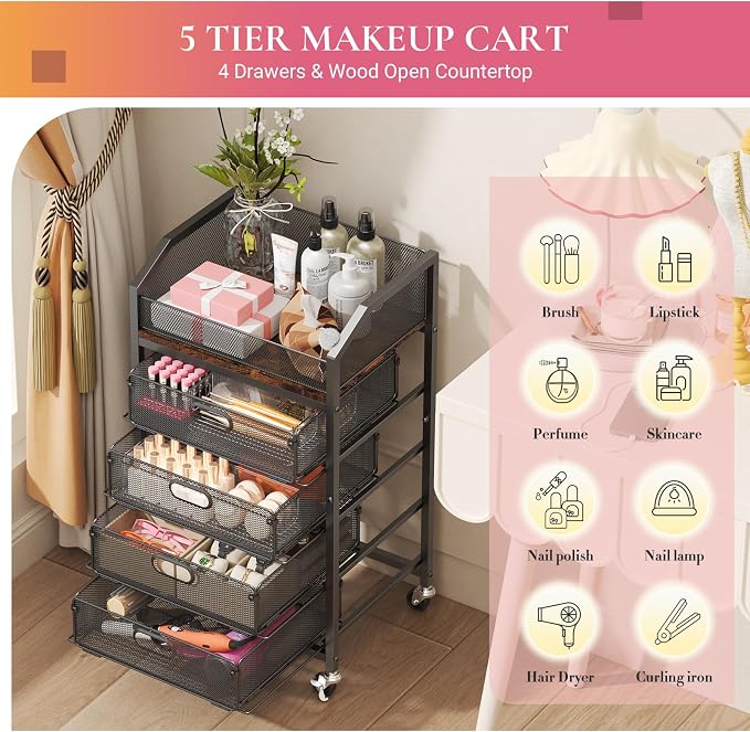 Goovilla Rolling Makeup Organizer Cart with Drawers, 5 Tier Metal Floor Skincare Vanity Organizers with Lockable Wheels, Make Up Storage Cart for Cosmetics Display, Nail Polish, Perfume, Black