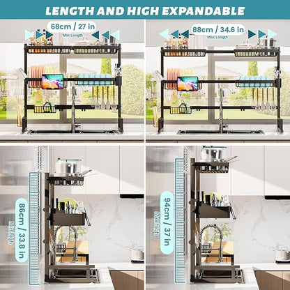 ADBIU Over The Sink Dish Drying Rack (Expandable Height and Length) Snap-On Design 2 Tier Large Dish Rack (27-40L x 12W x 32.5-37H (inches))