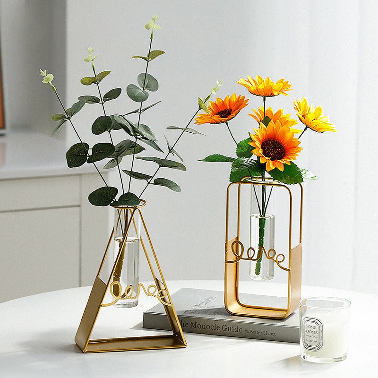 Glass Flower Vase with Metal Frame,Modern Creative Geometric Clear Vase for Flower Centerpieces Decorative,Desktop Hydroponics Vase Plant Terrarium for Home Office Decor (Gold Triangle)