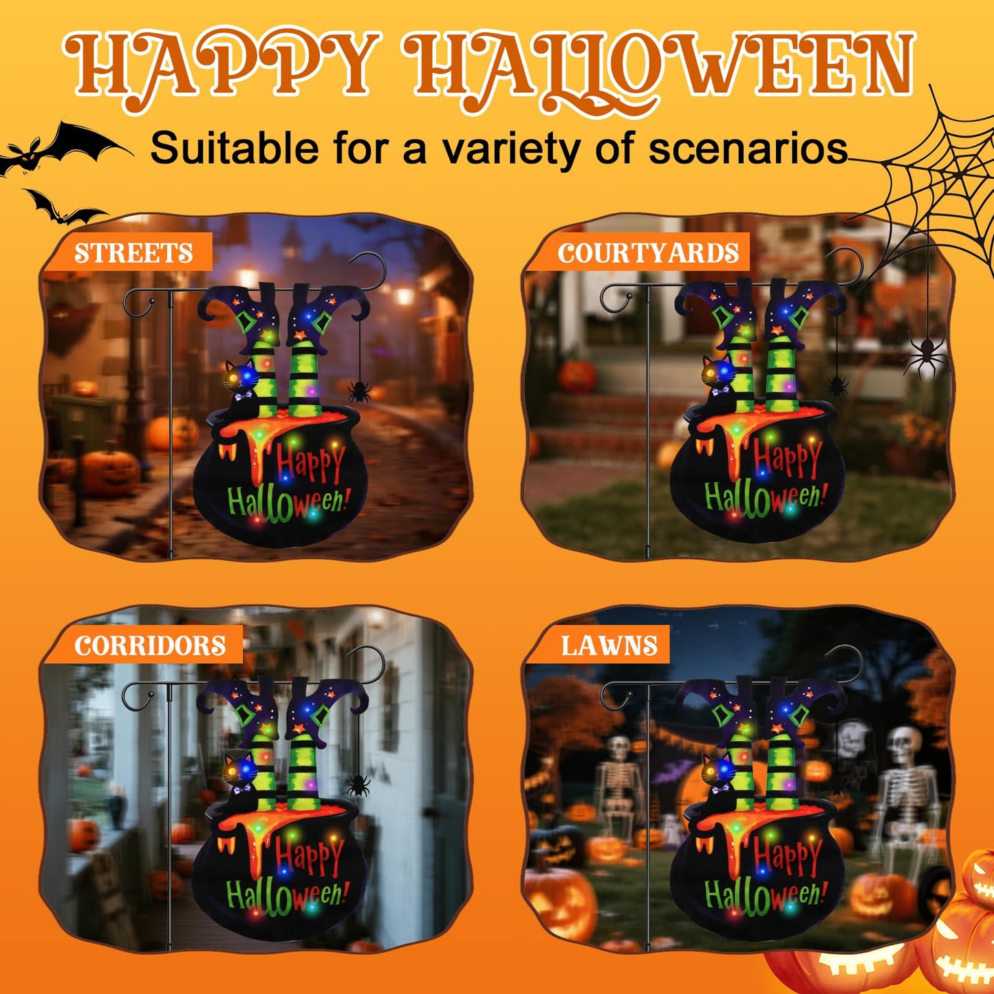 Neaonau Halloween Lighted Garden Flag for Outdoor 13 * 18 Inches Solar Witch Cauldron Flag with 8 Modes, Double Sided Halloween Decorations for Yards, Patios, Lawns, and Streets (Witch Feet)