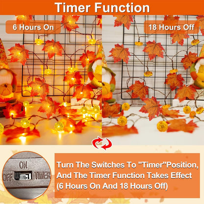 3 Pack & Timer Fall Decor Fall Garland with Pumpkin Lights Fall Decorations for Home, 30Ft 60LED Patented Enlarged Maples Leaves Battery Operated Pumpkin Garland Indoor Outdoor Halloween Decorations