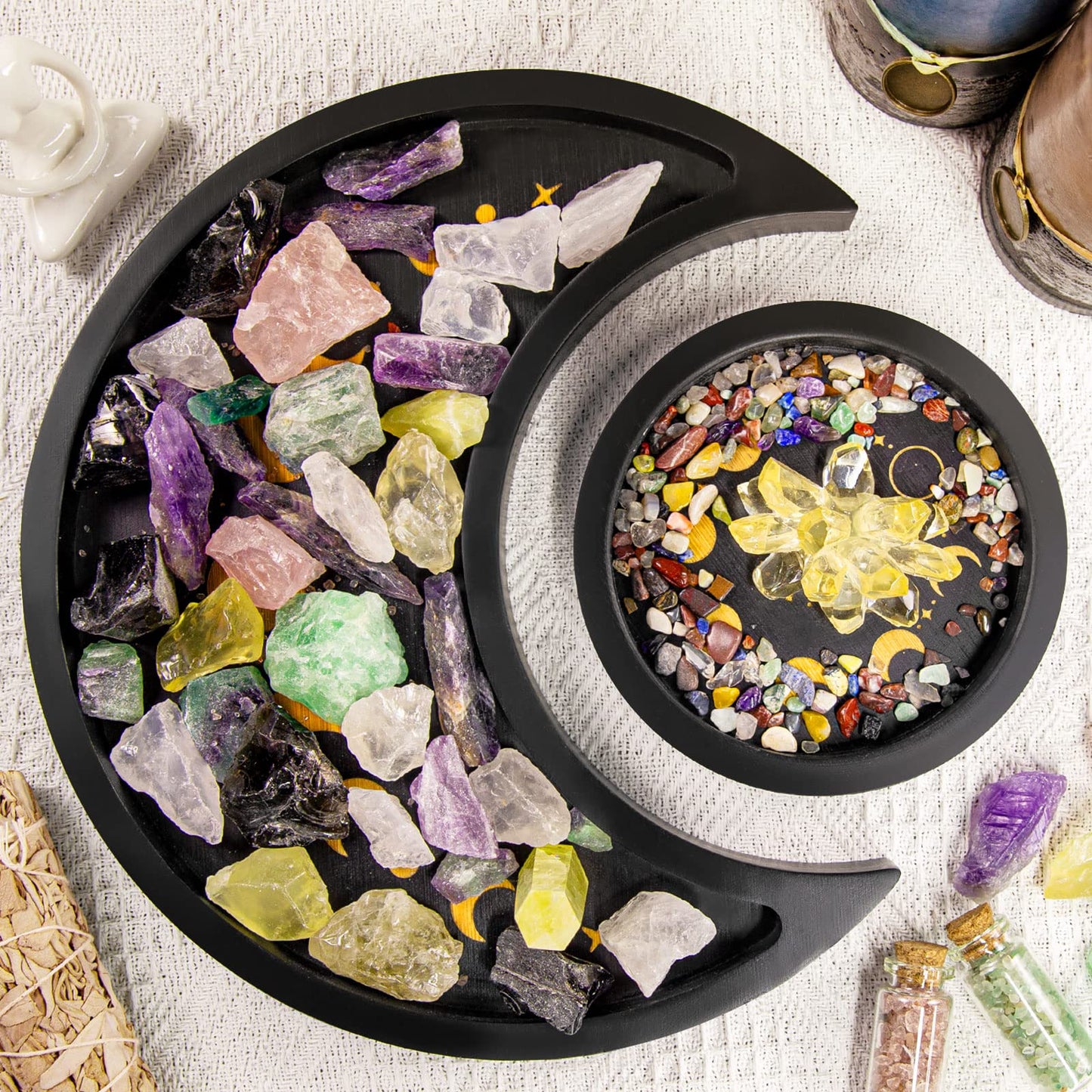 Crescent Moon Tray Crystal Holder Set, Adjustable Rock Display Case, Rock Collection Box with Shelves, Wood Crystal Organizer for Stones Storage,Gem Holder with Lid for Seashell