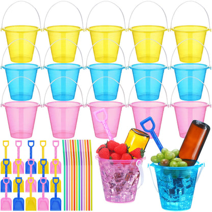 CroBlissful 15 Set 33.8 Ounce Large Beach Drink Buckets with Shovels Disposable Straws Plastic Bucket with Handles for Summer Holiday Party Beach Birthday Party Favors (Glitter)