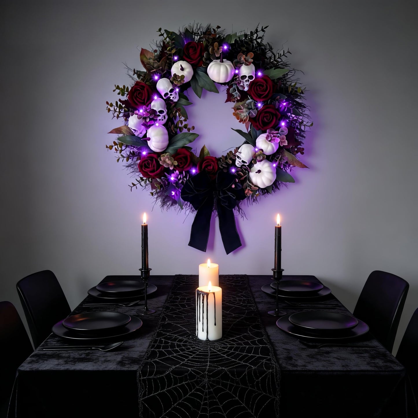 HipTree 20 Inch Light Up Halloween Wreath for Front Door with Skulls Roses Pumpkins, Gothic Black Wreath with Purple LED Lights, Battery Operated Timer Spooky Fall Wreath for Indoor Outdoor Porch