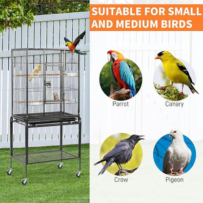 VINGLI 53-inch Bird Cage with Wheels, Durable Wrought Iron Parakeet Cage with Slide Out Tray, Black Bird Cages for Parakeets/Lovebird/Cockatiels/Budgies and Other Small/Medium Birds (Large-53 inch)