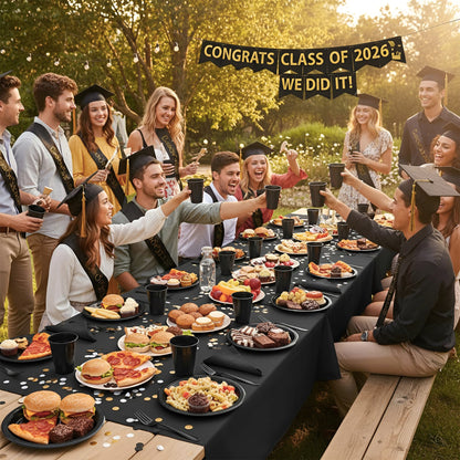 CLIYTICA Black Plastic Plates for Party,30 Guest Disposable Plastic Plate Set 9" Plates,7" Dessert Plates,Napkins,Cups,Forks & Tablecloth for Birthday,Halloween,Christmas,Graduations