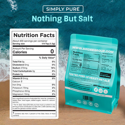 Birdee Salt Gift Set, Solar-Dried Mineral Rich Fine Grain Sea Salt from Vietnam, 17.6 oz (500g) Pouch with Engraved Hardwood Spoon Bag Sealer Clip, Seasoned with Salt Colossians 4:6