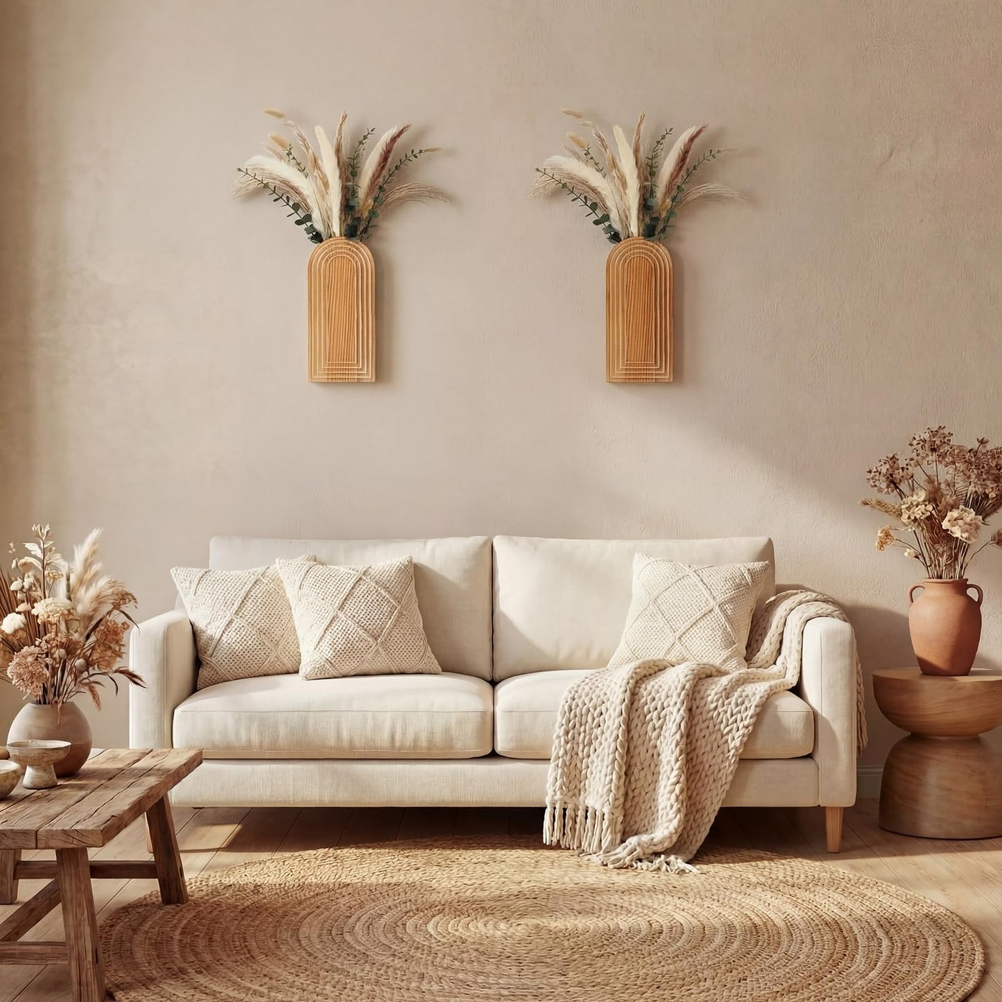 LemonRoad Boho Wooden Wall Vases Set of 2 with Artificial Eucalyptus and Pampas Grass Dried Flower Rustic Hanging Wood Planter Vase Wall Mounted Farmhouse Bohemian Decor for Home Entryway Living Room