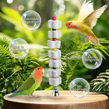 PINVNBY 3 Pack Bird Chewing Toy Lava Calcium Bird Beak Grinding Stone with Bell Hanging Parakeet Cage Accessories for Parrots Budgies Cockatiels African Grey (7 Block Per String)