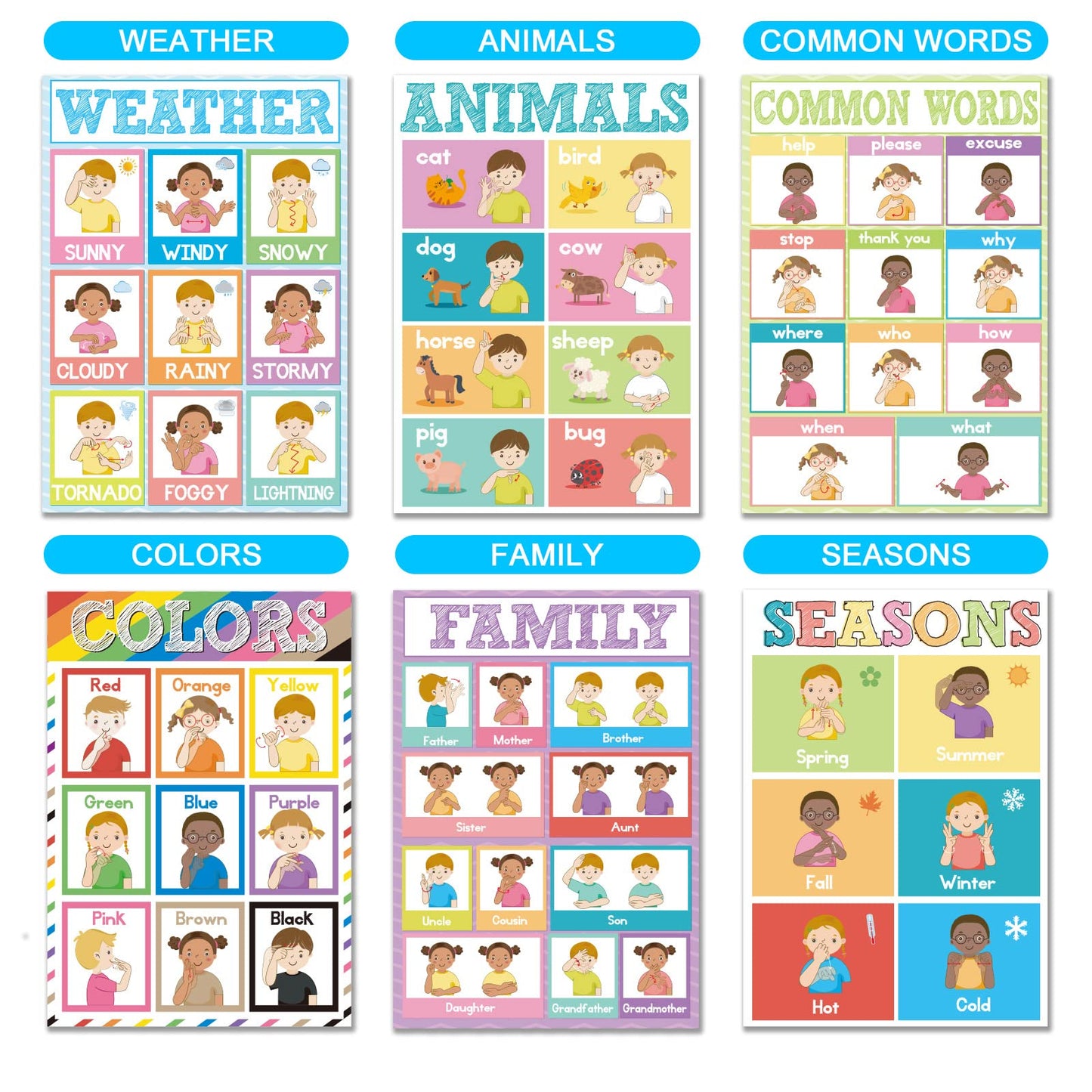 Set of 12 ASL Posters ABC Sign Language Flash Cards American Sign Language Learning Poster for Toddler Kids Students Classroom Decorations ASL Gift