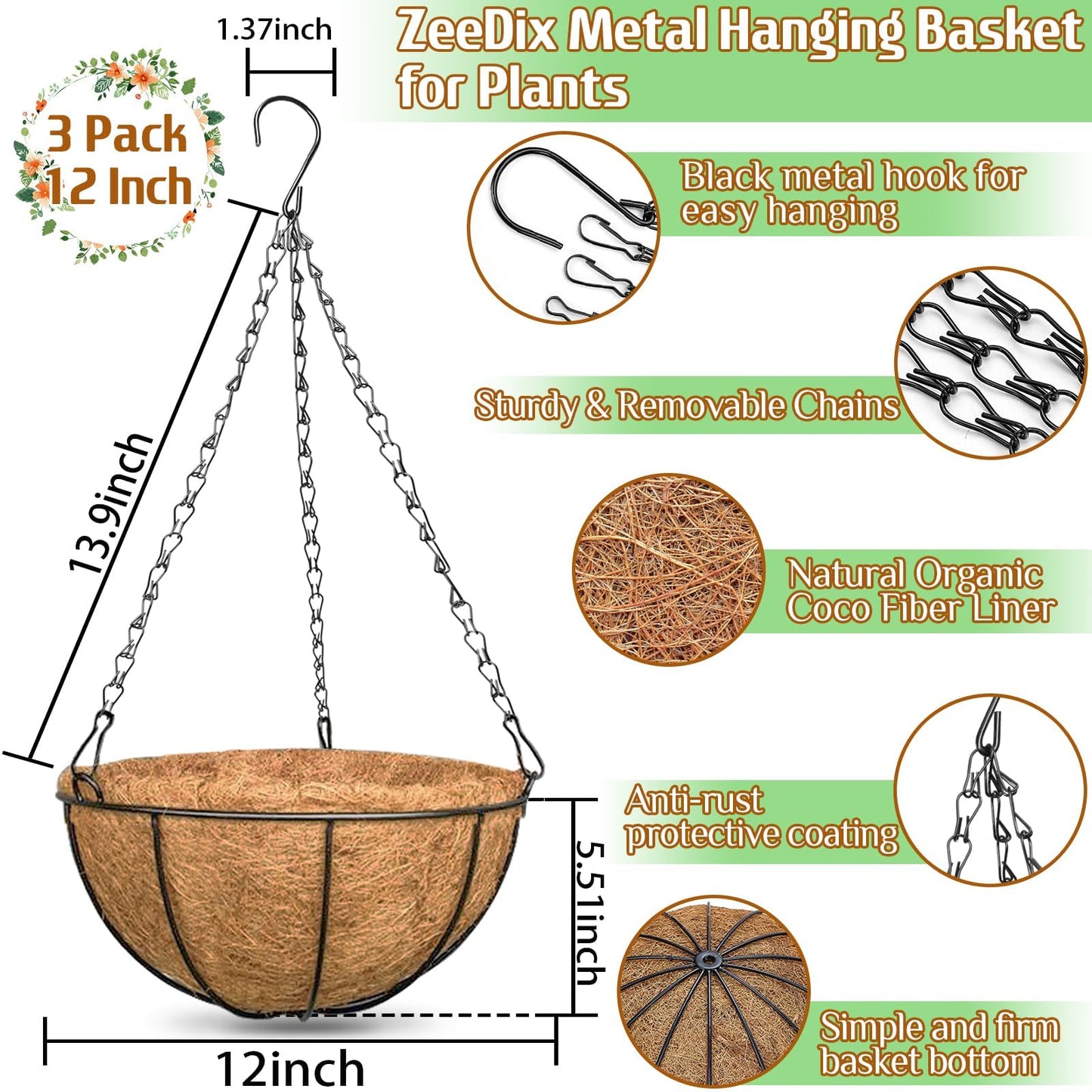 ZeeDix 3 Pack 12 Inch Outdoor Hanging Baskets, Metal Wire Hanging Planters with Coconut Liners, Round Hanging Baskets for Plants Flowers Ferns Home Garden Porch Balcony Railings Decor
