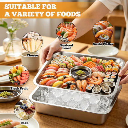 2 Set Stainless Steel Chilled Serving Tray with Compartments 15.7” x 11.8” Ice Chilled Tray Set for Parties Rectangle Veggie Platter Charcuterie Serving Board for Fruit Seafood Appetizer