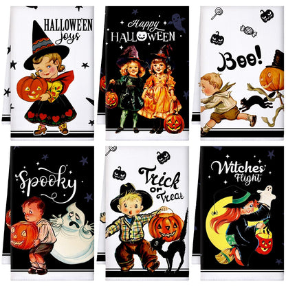 FuWeave 6 Pcs Halloween Kitchen Towels Absorbent Horrible Witch Ghost Pumpkin Bat Hand Dish Cloth Retro Decorative Funny Tea Towel for Halloween Home Gift Decor