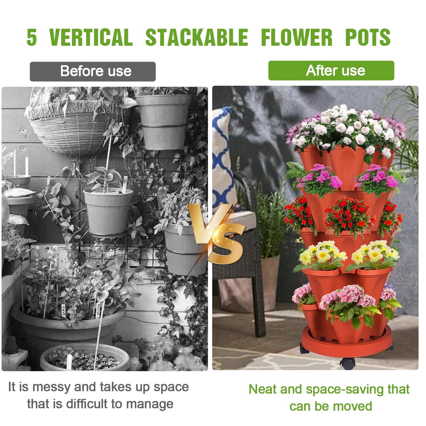 Bociks Vertical Strawberry Planter 5 Tier Stackable Tower Herb Planters Stacking Outdoor Garden Planters Pot With Tools Mover For Growing Flowers, Vegetables and Succulents
