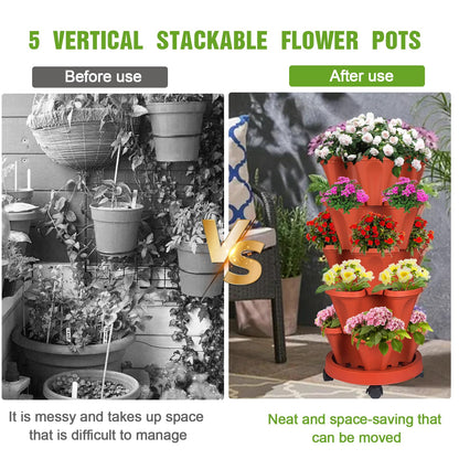 Bociks Vertical Strawberry Planter 5 Tier Stackable Tower Herb Planters Stacking Outdoor Garden Planters Pot With Tools Mover For Growing Flowers, Vegetables and Succulents
