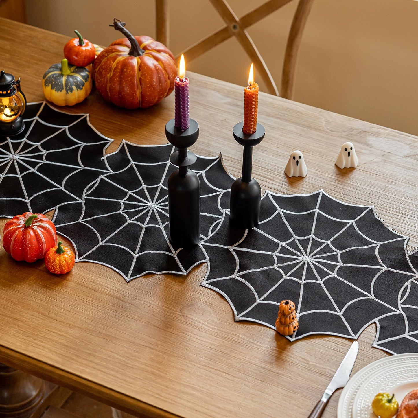 Joyfol Day Halloween Table Runner 14 x 36 Inch, Embroidered Spider Web Table Runners, Black Fireplace Mantel Scarf, Halloween Table Decorations for Parties Gothic Scary Nights