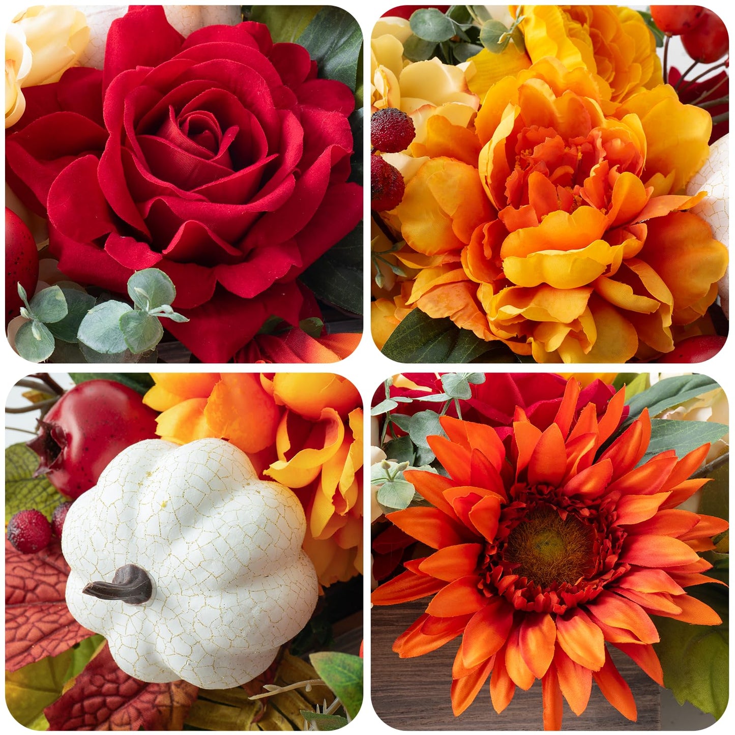 PureCosy Fall Centerpiece for Table, Handmade Realistic Silk Floral Arrangement with Peonies, Roses, Berries & Foam Pumpkins Thanksgiving Centerpiece and Autumn Harvest Table Decor for Dining Table